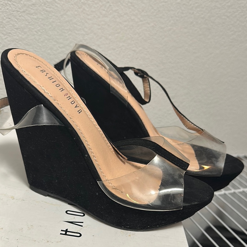 Fashion Nova Black Wedge Sandals with Clear Straps